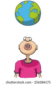 Attention to the world, character design and earth globe, vector illustration.