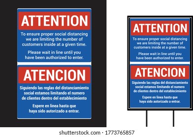 Attention for your safety keep 6 feet  distance between you and others Social Awareness  vector yard sign design template English & Spanish language.Pandemic Novel Corona Virus 2020.