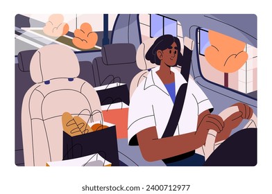 Viaje atento del conductor con correa de seguridad. Mujer feliz llevando comida en los asientos después de comprar comestibles, paquetes de papel dentro del auto. Chica mirando por la carretera, conduciendo por el automóvil. Ilustración vectorial plana