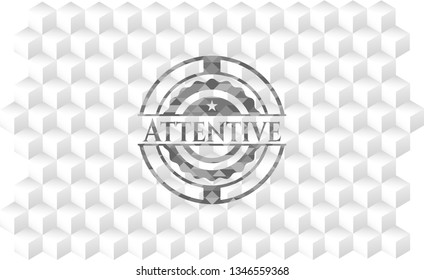 Attentive grey emblem with geometric cube white background