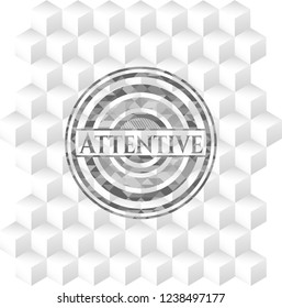 Attentive grey emblem. Retro with geometric cube white background