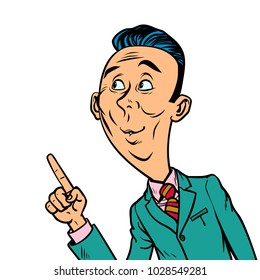 attentive interested curious businessman points finger gesture. Comic book cartoon pop art retro vector illustration drawing