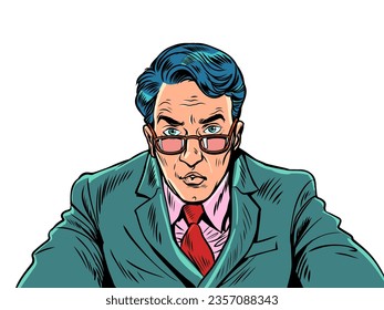 Attentive and serious office manager accepting an offer. HR agent offers a job. A man in a suit and glasses looks at you and holds out his hands to you. Pop Art Retro Vector Illustration Kitsch