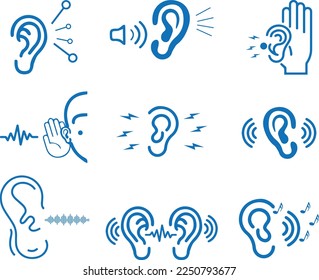 Attentively ear listen icon set, hearing icon set blue vector