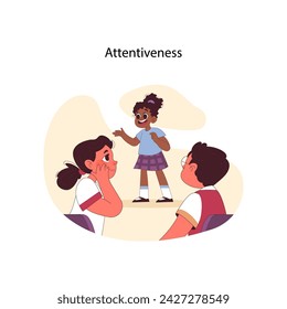 Attentiveness concept. Energetic black girl shares story, captivating peers interest. Showing consideration. Active listening, classroom interaction. Engaging narration. Flat vector illustration