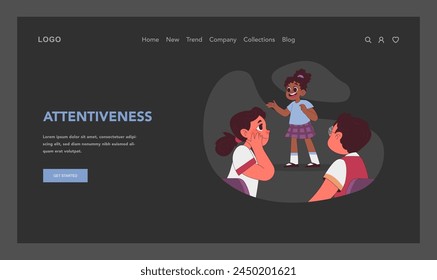 Attentiveness concept. Energetic black girl shares story, captivating peers interest. Showing consideration. Active listening, classroom interaction. Engaging narration. Flat vector illustration