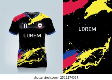 attern design, illustration, textile background for sports t-shirt, football jersey shirt mockup for football club. consistent front view