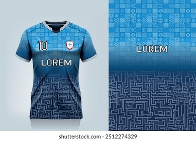 attern design, illustration, textile background for sports t-shirt, football jersey shirt mockup for football club. consistent front view