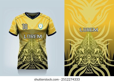 attern design, illustration, textile background for sports t-shirt, football jersey shirt mockup for football club. consistent front view