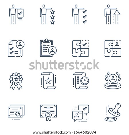 Attestation services, compliance check list, expertise  assessment concept, licence certificate, employee capacity evaluation or examination, job suitability, human resources, vector line icon set