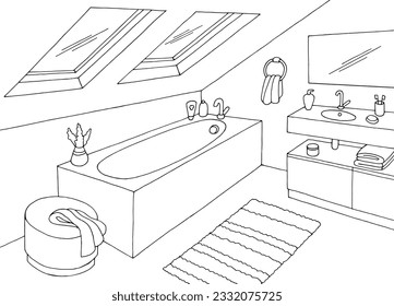 Attic bathroom graphic home interior black white sketch illustration vector