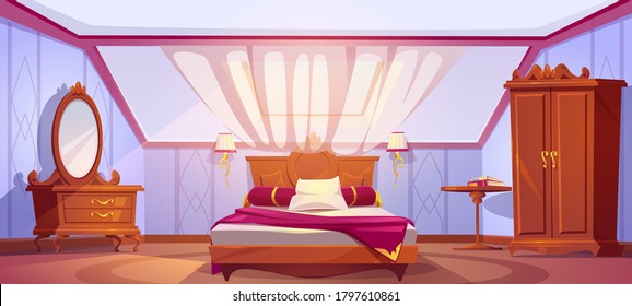 Attic bedroom or guest room interior with uncovered bed, wardrobe, dressing table, mirror and curtained window. Cozy loft hotel apartment, mansard floor with sloping roof cartoon vector illustration