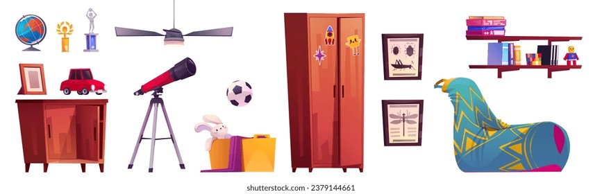 Attic boy kid bedroom interior with telescope vector illustration set. Child garret playroom clipart collection with book shelf, cupboard and rabbit toy. Cozy apartment with closet game element