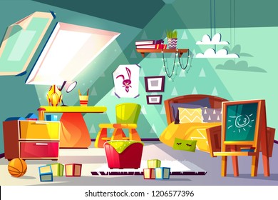 Attic child room interior cartoon vector illustration. Toddler or preschooler boy cozy bedroom on garret with chalkboard, toys and wooden furniture. Montessori nursery, kindergarten grade or playroom