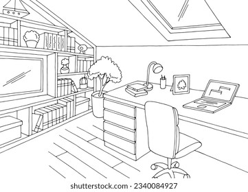 Attic home office graphic black white interior sketch illustration vector