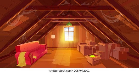 Attic interior, cartoon loft, garret and cockloft room. House attic or mansard room with window, wood roof and floor with spider web, dirty cardboard boxes, old sofa and lamps