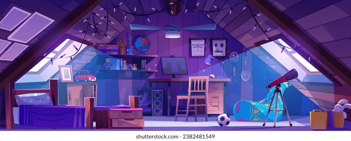 Interior del dormitorio infantil ático en el fondo de dibujos animados matutinos. Hogar infantil en un jardín con ventana, telescopio, cama, ordenador y mesa. Estante para el libro en la construcción con la foto dentro. Diseño acogedor de una casa adolescente