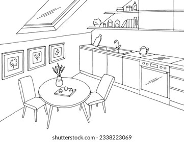 Attic kitchen room graphic black white home interior sketch illustration vector 