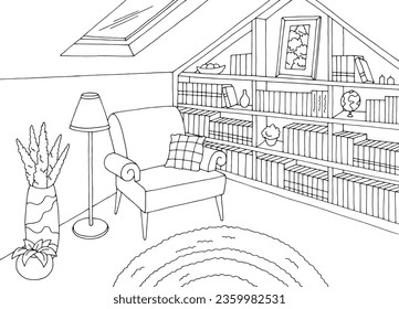 Attic library graphic black white interior sketch illustration vector