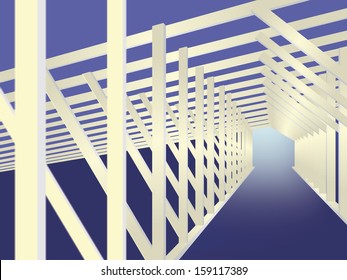 Attic, light wooden beams. Vector blue white background
