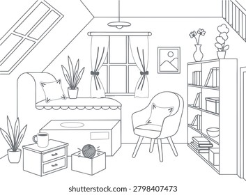 Attic Room Decoration Coloring Book Page