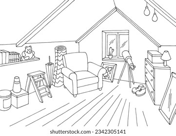 Attic room graphic black white home interior sketch illustration vector 