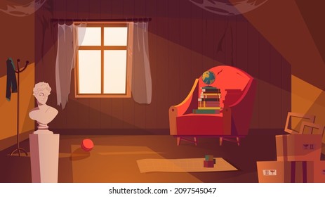 Attic room interior concept in flat cartoon design. Abandoned apartment with window, spider web at walls, old armchair, books, carton boxes, statue and other things. Vector illustration background