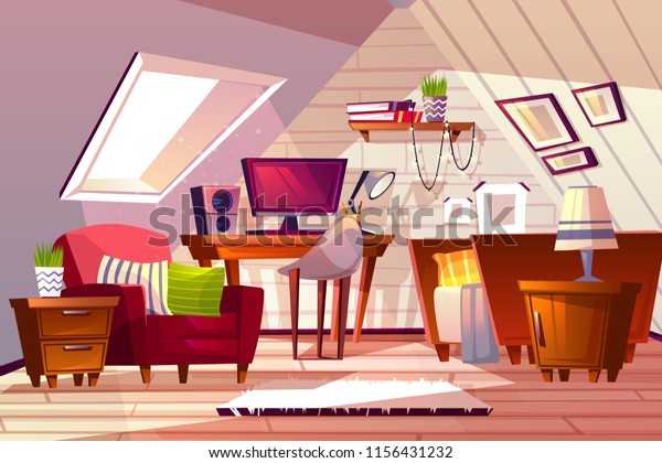 屋根裏部屋の内部ベクターイラスト 女の子の寝室またはリビングルームの家具の背景にマンガの屋根付きデザイン 窓付き テーブルの上のコンピュータ ベッドと本棚と椅子 のベクター画像素材 ロイヤリティフリー
