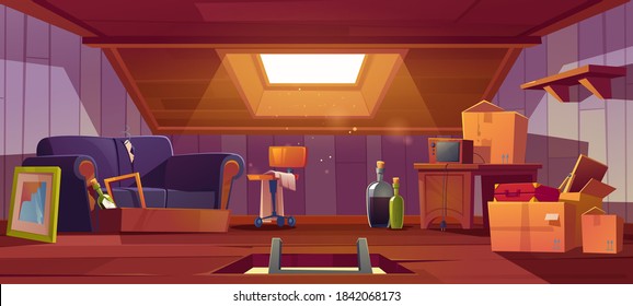 Attic room with ladder in hatch, old things, roof window and furniture. Discreet garret place with antique radio, sofa, carton boxes, wine bottles, table and suitcase. Cartoon vector illustration