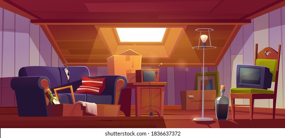 Attic room with old things, garret with roof window and furniture. Discreet place with antique switched-off TV set, radio, carton boxes, wine bottle, table and floor lamp. Cartoon vector illustration