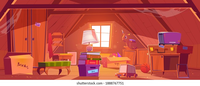 Attic room with old things, garret on roof with window and furniture. Discreet place with carton boxes, kids toys, toaster and couch with books and wardrobe, ball and lamp. Cartoon vector illustration