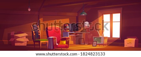 Attic room with old things, garret with window, wooden walls and furniture. Cozy place with antique switched-off TV set, carton boxes, computer, table with books and lamps. Cartoon vector illustration