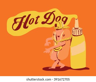 Attitude Hot-Dog with gold chain accesory and Mustard spilling from bottle - style vector illustration isolated on orange background - Sign