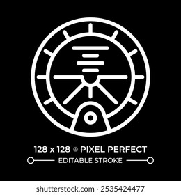 Attitude indicator white linear icon for dark theme. Essential cockpit instrument. Orientation relative to horizon. Thin line illustration. Isolated symbol for night mode. Editable stroke