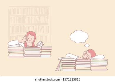 Attitude to study, passion for learning and daydreaming, library time concept. Girl interested in books and dreaming boy, interest and indifference, preparation for lesson. Simple flat vector