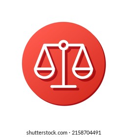 attorney account avatar, scales white line vector icon, red rounded button, justice symbol, weight balance, sign of law