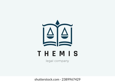 Attorney Advocate Lawyer Law Logo Themis vector design. Open book Bow Scales Attorneys Legal firm Logotype concept icon.