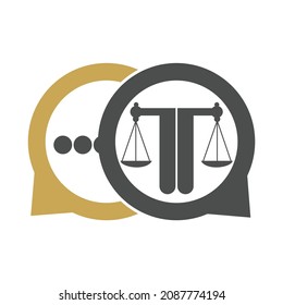 Vector de logotipo de chat de equilibrio de abogado. Escala el vector de icono de globo de voz.