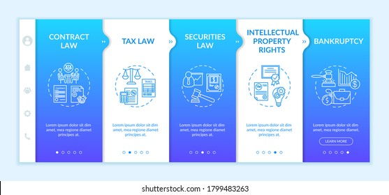 Competencias del Fiscal en la plantilla de vector. Derechos de propiedad intelectual. Abogado. Sitio web móvil de respuesta con iconos. Pantallas de paso del tutorial de páginas web. concepto de color RGB