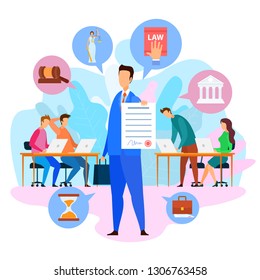 Attorney Holding Paper. Seal and Signature. Court Decision. Jury, Prosecutors. Law Book and Gavel Icons. Court and Themis Scale. Lawyer Services. Civil Law. Vector EPS 10 on White Background.