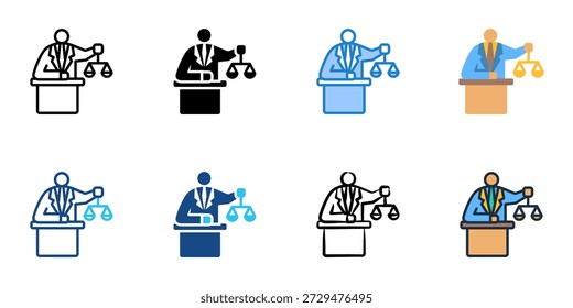 Attorney icons set multiple style collection. Editable stroke 
