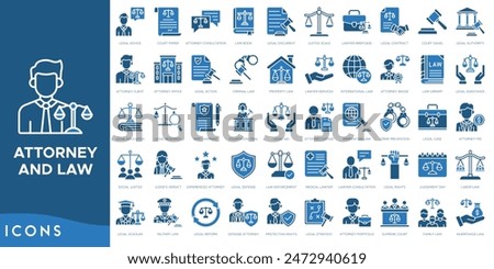 Attorney and Law icon set. Legal Advice, Court Paper, Attorney Consultation, Law Book, Legal Document, Justice Scale and Lawyer Briefcase