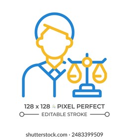 Attorney in law two color line icon. Lawyer protecting client rights in court. Legal judgement regulation bicolor outline symbol. Duotone linear pictogram. Isolated illustration. Editable stroke