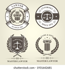 Attorney and lawyer bureau emblems and badges, legal blazons, vector