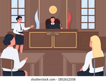 Attorney in legal court flat color vector illustration. Judgement procedure. Lawsuit hearing. Judge, witness and prosecutor 2D cartoon characters with courthouse interior on background