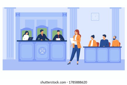 Attorney pleading in court. Lawyer woman speaking in courtroom, reading from notes, addressing judge and jury box. Vector illustration for courthouse, trial, law, judgment, justice concept