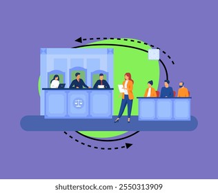 Advogado pleiteando no tribunal. Advogada falando no tribunal, lendo notas, dirigindo-se ao juiz e ao júri. Ilustração vetorial para tribunal, julgamento, lei, julgamento, conceito de justiça