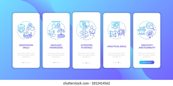 Attorney required skills onboarding mobile app page screen with concepts. Corporate lawyer. Walkthrough 5 steps graphic instructions. UI vector template with RGB color illustrations