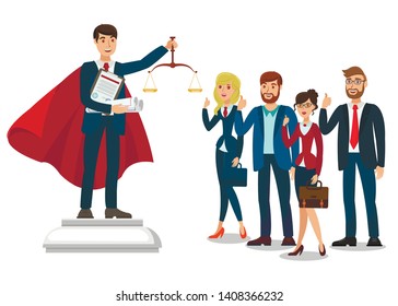 Attorney School Graduate Flat Vector Illustration. Law University Faculty Students. Young Lawyer, Judge Cartoon Character Holding Justice Scales. Advocate, Tutor on Podium with Judgement Symbol