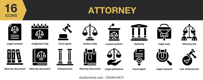 Attorney solid icon set. Includes attorney, lawyer, court, law, justice, authority, and More. Solid icons vector collection.
